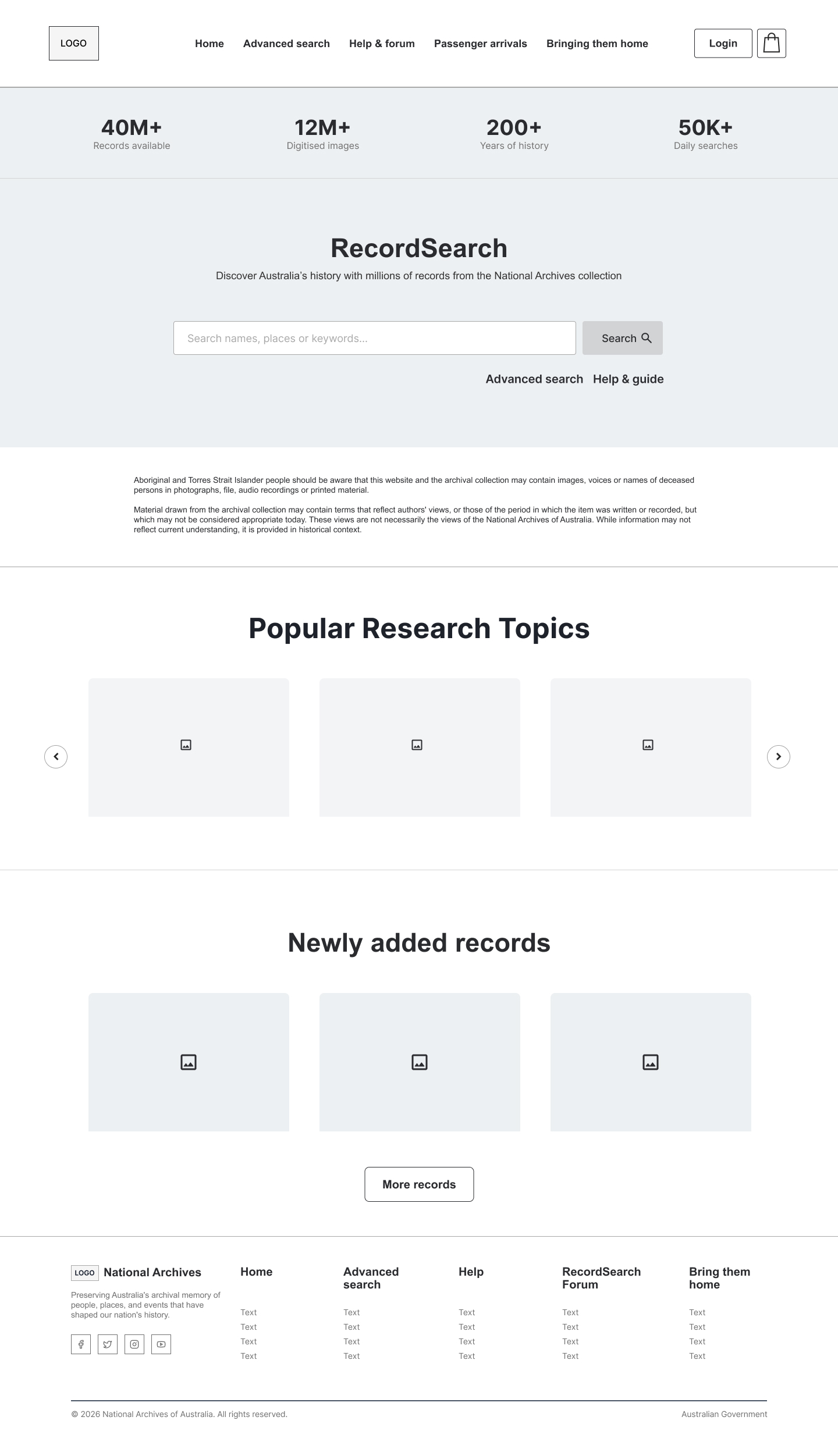 Redesigned RecordSearch home page wireframe