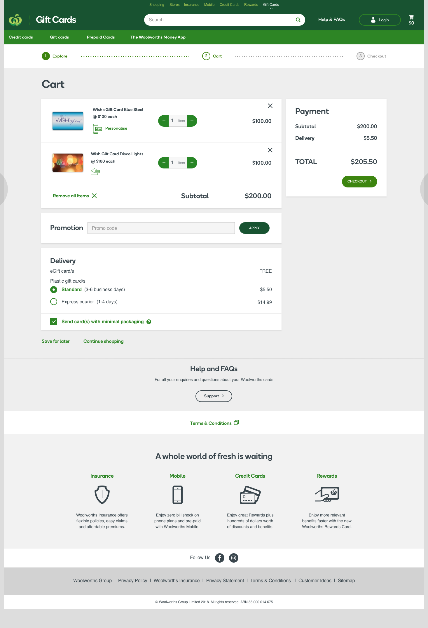 Woolworths Gift Cards cart page