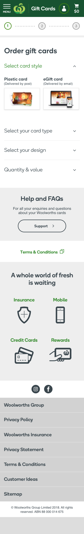 Woolworths Gift Cards order page on mobile